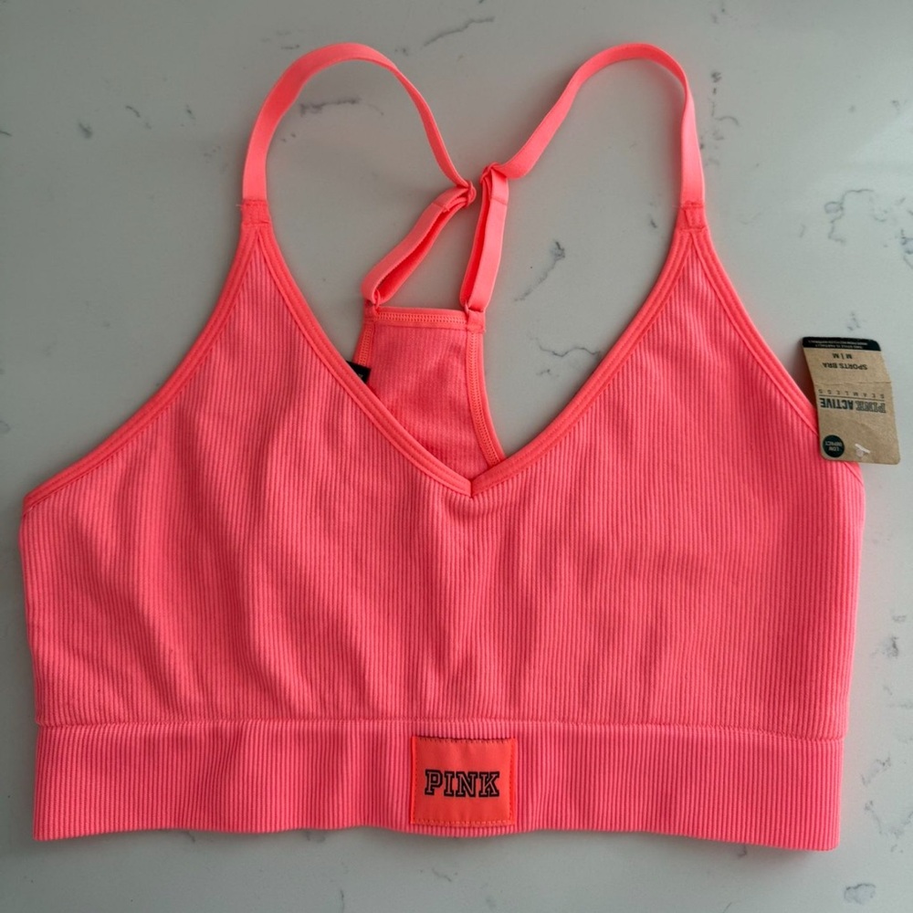 🎀PINK Victoria's Secret Neon Coral Ribbed Bralette NWT🎀